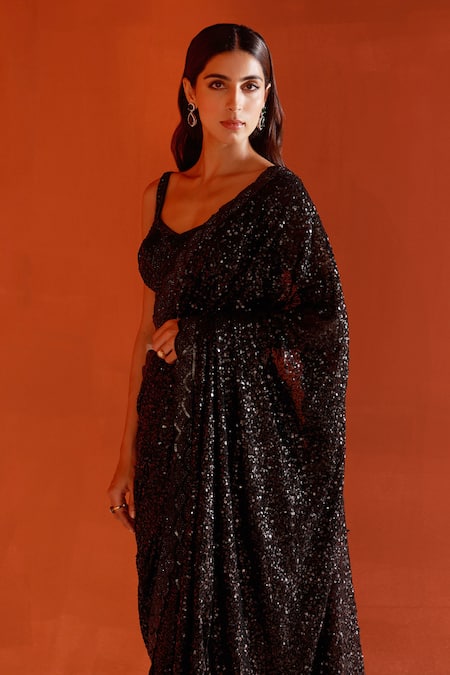 Shop_Angad Singh_Black Georgette Sequins, Crystals V-neck Embroidered Saree With Blouse _Online_at_Aza_Fashions