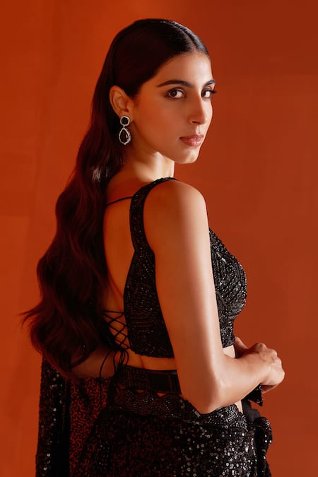 Angad Singh_Black Georgette Sequins, Crystals V-neck Embroidered Saree With Blouse _at_Aza_Fashions