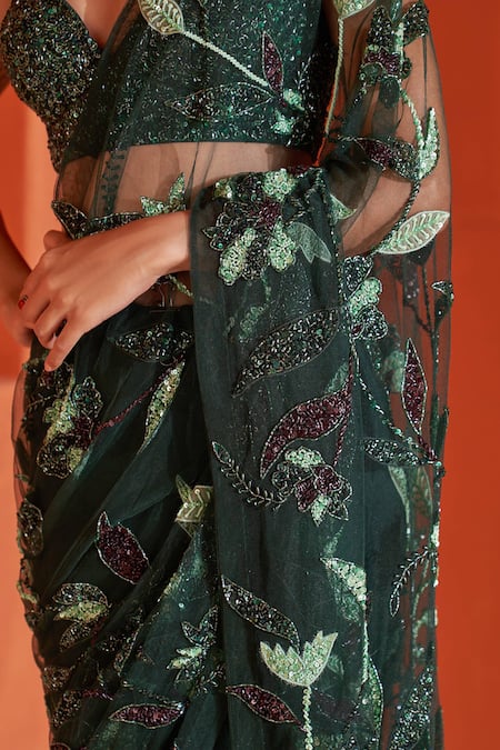 Buy_Angad Singh_Green Net Sequins, Beads, Embroidery Sweetheart Neck Floral Saree With Blouse _Online_at_Aza_Fashions