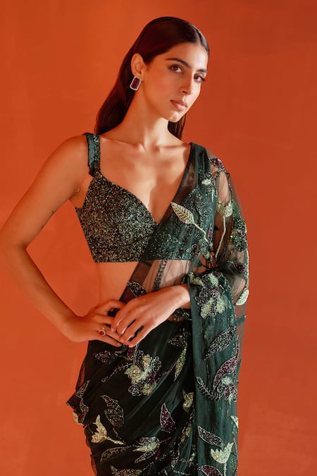 Shop_Angad Singh_Green Net Sequins, Beads, Embroidery Sweetheart Neck Floral Saree With Blouse _Online_at_Aza_Fashions