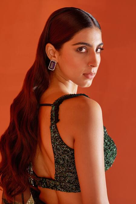 Angad Singh_Green Net Sequins, Beads, Embroidery Sweetheart Neck Floral Saree With Blouse _at_Aza_Fashions