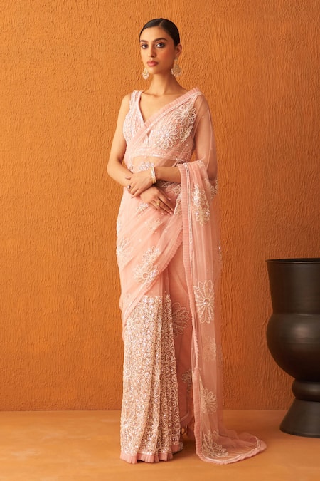 Angad Singh_Pink Net Pearls, Sequins, Crystals Asymmetric Embroidered Saree With Blouse _Online_at_Aza_Fashions