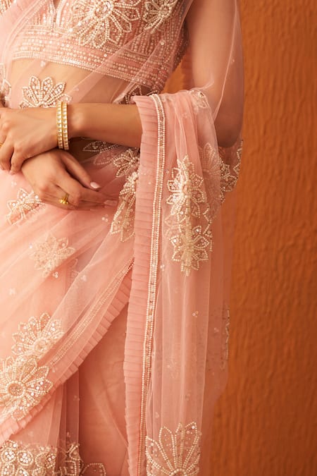 Buy_Angad Singh_Pink Net Pearls, Sequins, Crystals Asymmetric Embroidered Saree With Blouse _Online_at_Aza_Fashions