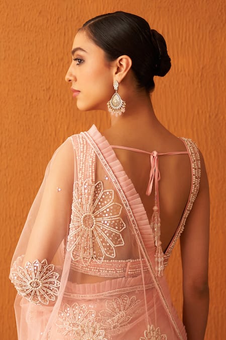 Angad Singh_Pink Net Pearls, Sequins, Crystals Asymmetric Embroidered Saree With Blouse _at_Aza_Fashions