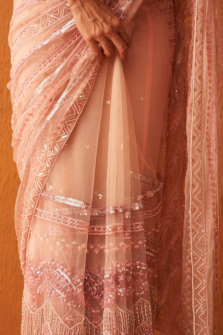 Angad Singh Pink Net Pearls, Sequins, Crystals Asymmetric Embroidered Saree With Blouse Online at Aza Fashions Angad Singh_Pink Net Pearls, Sequins, Crystals Asymmetric Embroidered Saree With Blouse _Online_at_Aza_Fashions