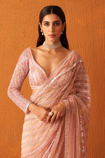 Shop Angad Singh Pink Net Pearls, Sequins, Crystals Asymmetric Embroidered Saree With Blouse Online at Aza Fashions Shop_Angad Singh_Pink Net Pearls, Sequins, Crystals Asymmetric Embroidered Saree With Blouse _Online_at_Aza_Fashions