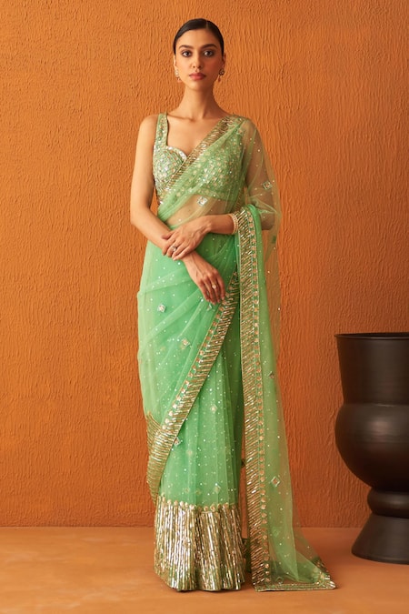 Angad Singh Bugle Bead Embroidered Saree With Blouse 