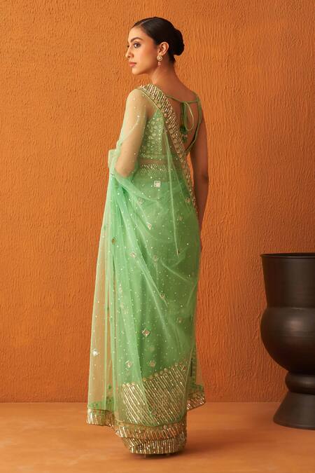 Angad Singh Green Net Embroidery Bugle Bead Sweetheart Neck Saree With Blouse  2