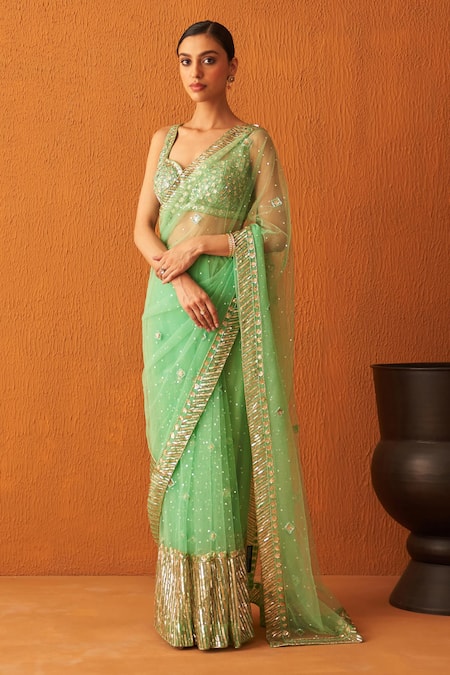 Angad Singh Green Net Embroidery Bugle Bead Sweetheart Neck Saree With Blouse  3