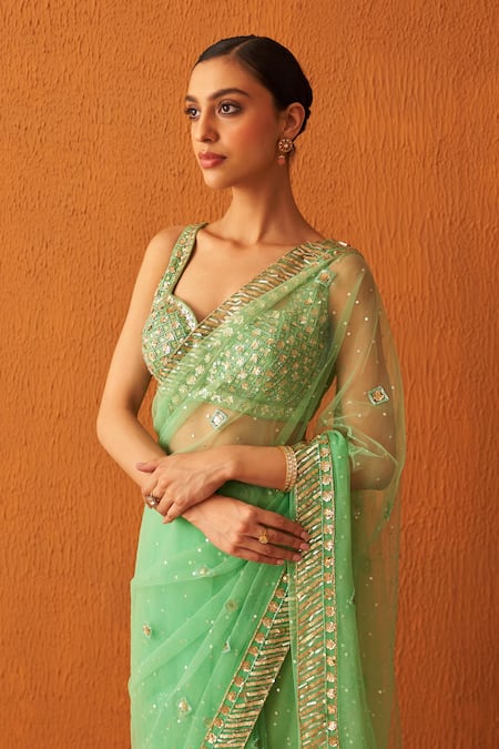 Angad Singh Green Net Embroidery Bugle Bead Sweetheart Neck Saree With Blouse  5