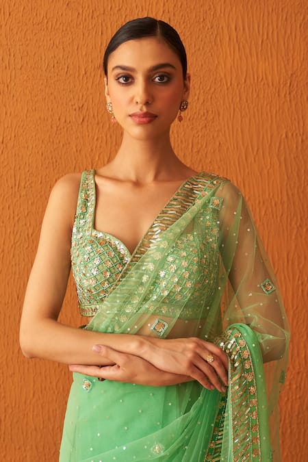 Angad Singh Green Net Embroidery Bugle Bead Sweetheart Neck Saree With Blouse  7