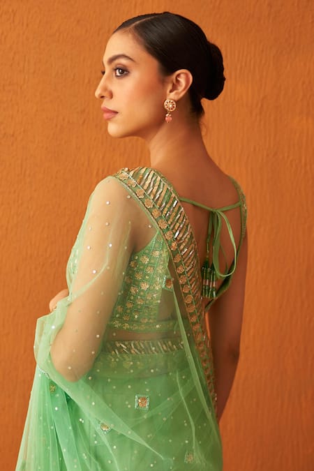 Angad Singh Green Net Embroidery Bugle Bead Sweetheart Neck Saree With Blouse  8