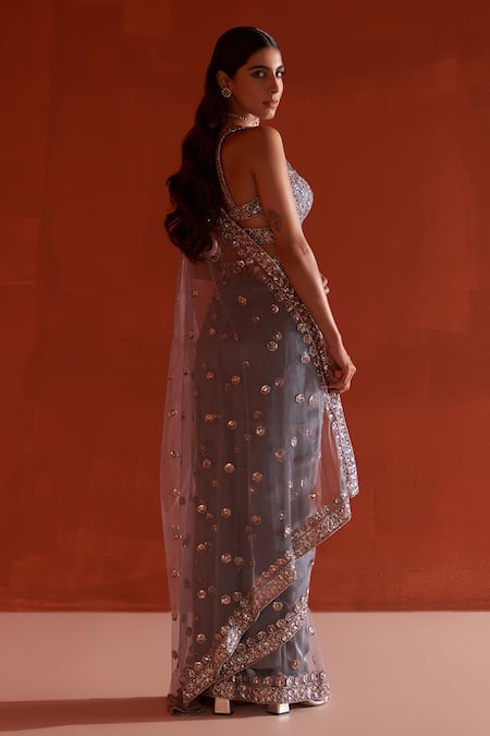 Shop Angad Singh Gray Net Sequins, Cut Work, Crystals, Embroidery Cutdana Grey Saree Set at Aza Fashions Shop_Angad Singh_Gray Net Sequins, Cut Work, Crystals, Embroidery Cutdana Grey Saree Set _at_Aza_Fashions