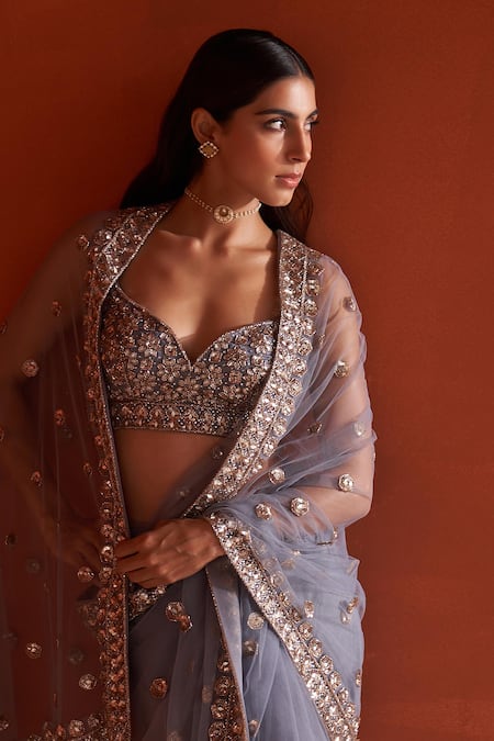 Shop Angad Singh Gray Net Sequins, Cut Work, Crystals, Embroidery Cutdana Grey Saree Set Online at Aza Fashions Shop_Angad Singh_Gray Net Sequins, Cut Work, Crystals, Embroidery Cutdana Grey Saree Set _Online_at_Aza_Fashions