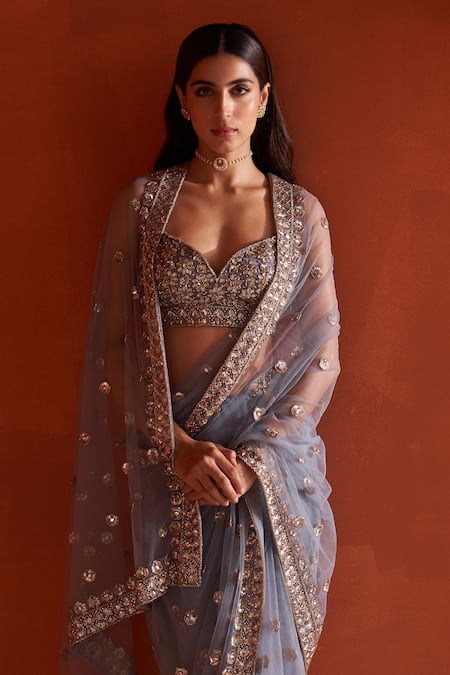 Angad Singh Gray Net Sequins, Cut Work, Crystals, Embroidery Cutdana Grey Saree Set at Aza Fashions Angad Singh_Gray Net Sequins, Cut Work, Crystals, Embroidery Cutdana Grey Saree Set _at_Aza_Fashions