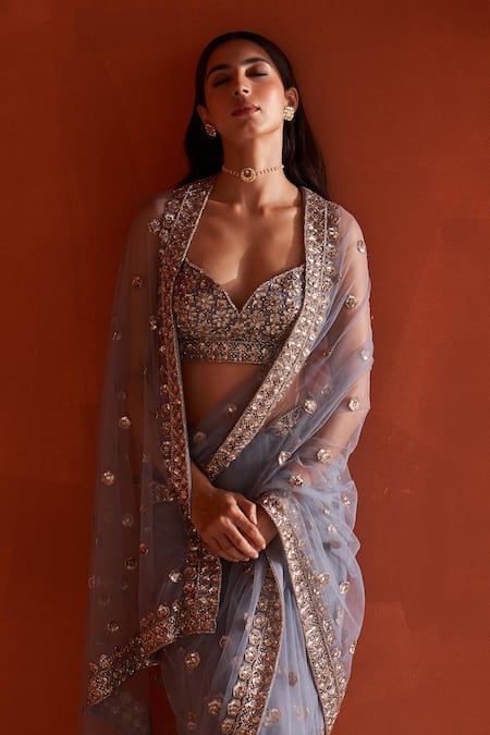 Buy Angad Singh Gray Net Sequins, Cut Work, Crystals, Embroidery Cutdana Grey Saree Set Buy_Angad Singh_Gray Net Sequins, Cut Work, Crystals, Embroidery Cutdana Grey Saree Set