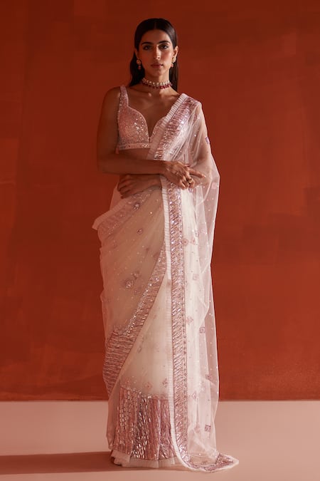 Angad Singh_Ivory Net Sequins, Cut Work Sweetheart Crystal Embroidered Saree With Blouse _Online_at_Aza_Fashions