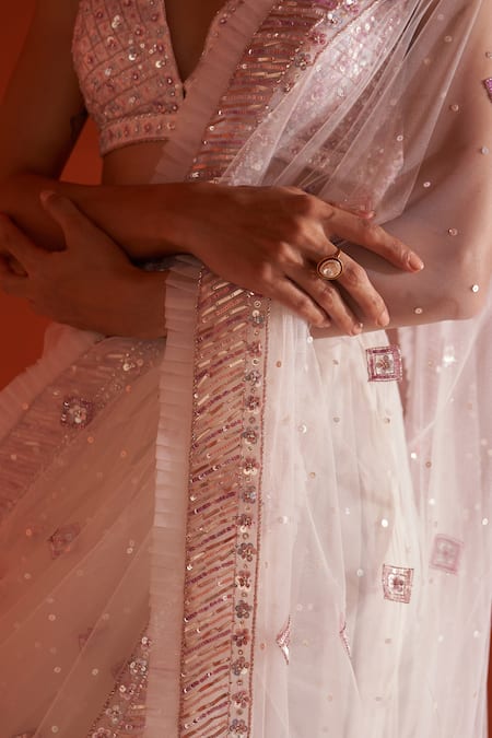 Buy_Angad Singh_Ivory Net Sequins, Cut Work Sweetheart Crystal Embroidered Saree With Blouse _Online_at_Aza_Fashions