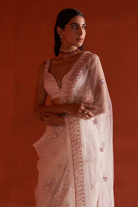 Shop_Angad Singh_Ivory Net Sequins, Cut Work Sweetheart Crystal Embroidered Saree With Blouse _Online_at_Aza_Fashions