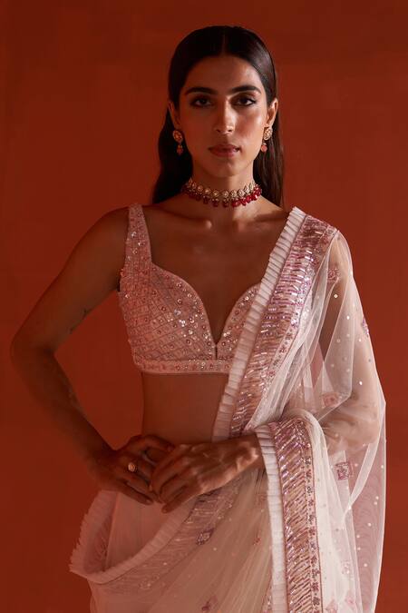 Angad Singh_Ivory Net Sequins, Cut Work Sweetheart Crystal Embroidered Saree With Blouse _at_Aza_Fashions