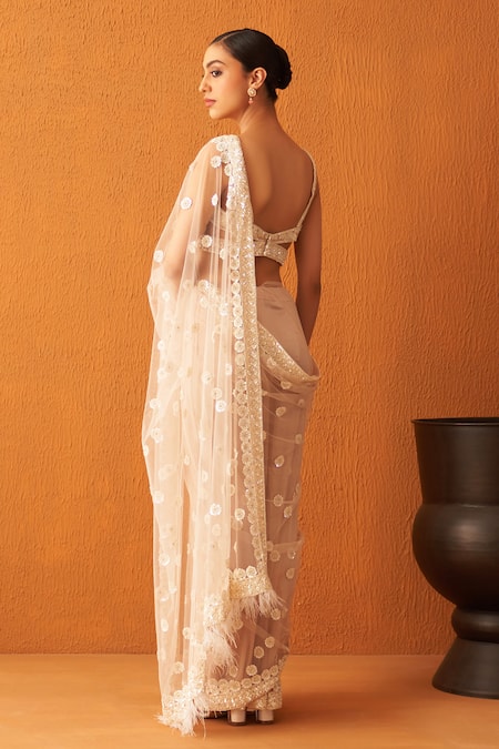 Shop Angad Singh Peach Net Sequins, Cut Work, Embroidery Sweetheart Neck Saree With Blouse at Aza Fashions Shop_Angad Singh_Peach Net Sequins, Cut Work, Embroidery Sweetheart Neck Saree With Blouse _at_Aza_Fashions