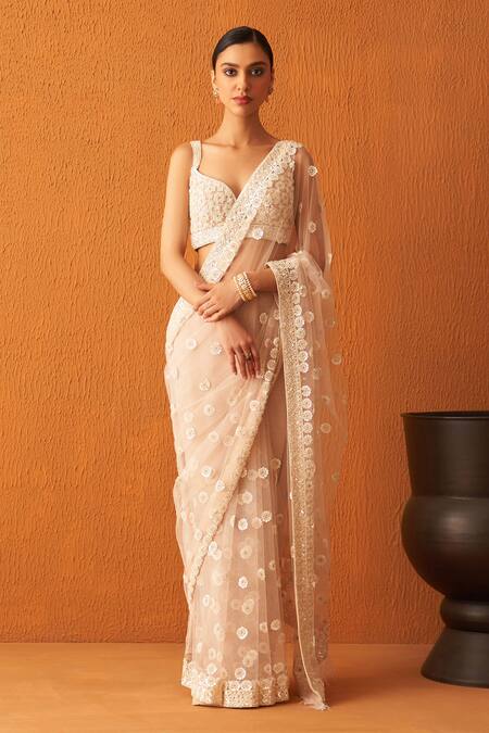Sequins Embroidered Poly Georgette Saree in Peach - Ucchal Fashion