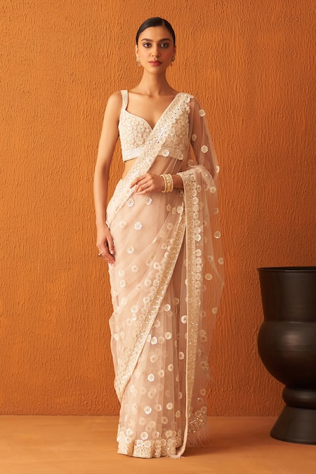 Buy Angad Singh Peach Net Sequins, Cut Work, Embroidery Sweetheart Neck Saree With Blouse Online at Aza Fashions Buy_Angad Singh_Peach Net Sequins, Cut Work, Embroidery Sweetheart Neck Saree With Blouse _Online_at_Aza_Fashions