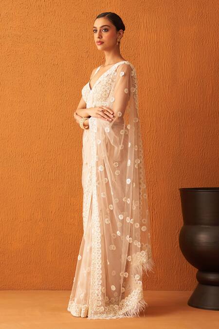 Shop Angad Singh Peach Net Sequins, Cut Work, Embroidery Sweetheart Neck Saree With Blouse Online at Aza Fashions Shop_Angad Singh_Peach Net Sequins, Cut Work, Embroidery Sweetheart Neck Saree With Blouse _Online_at_Aza_Fashions