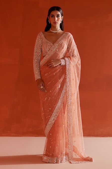 Angad Singh Orange Net Embroidery Sequin Leaf Neck Pearl Saree With Blouse 