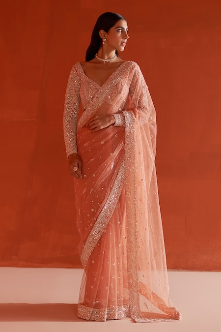 Angad Singh_Orange Net Sequins, Pearls, Crystals Asymmetric Embroidered Saree With Blouse _Online_at_Aza_Fashions