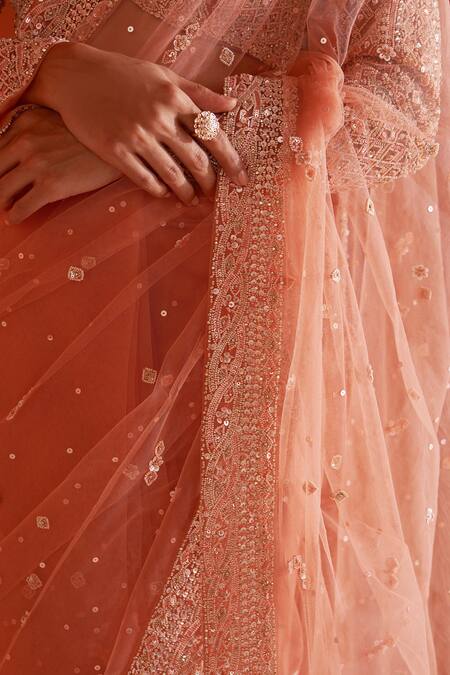 Buy_Angad Singh_Orange Net Sequins, Pearls, Crystals Asymmetric Embroidered Saree With Blouse _Online_at_Aza_Fashions