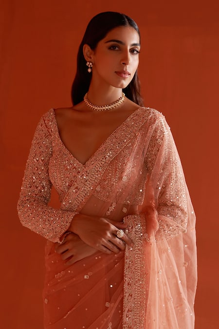 Shop_Angad Singh_Orange Net Sequins, Pearls, Crystals Asymmetric Embroidered Saree With Blouse _Online_at_Aza_Fashions