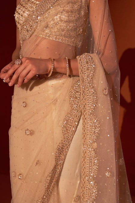 Angad Singh Gold Net Sequins, Pearls, Crystals Split Placement Embroidered Saree With Blouse Online at Aza Fashions Angad Singh_Gold Net Sequins, Pearls, Crystals Split Placement Embroidered Saree With Blouse _Online_at_Aza_Fashions
