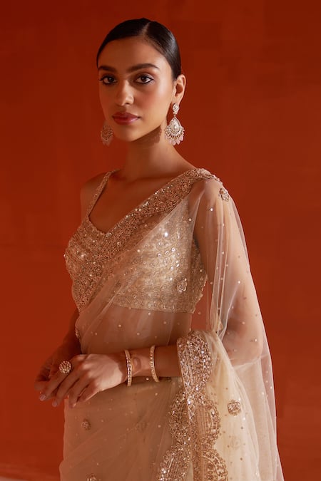 Buy Angad Singh Gold Net Sequins, Pearls, Crystals Split Placement Embroidered Saree With Blouse Online at Aza Fashions Buy_Angad Singh_Gold Net Sequins, Pearls, Crystals Split Placement Embroidered Saree With Blouse _Online_at_Aza_Fashions