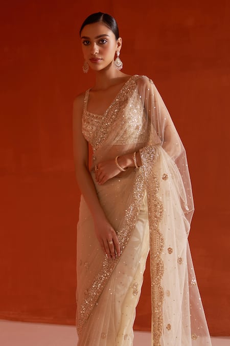 Shop Angad Singh Gold Net Sequins, Pearls, Crystals Split Placement Embroidered Saree With Blouse Online at Aza Fashions Shop_Angad Singh_Gold Net Sequins, Pearls, Crystals Split Placement Embroidered Saree With Blouse _Online_at_Aza_Fashions