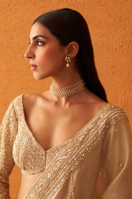 Angad Singh Gold Tissue Sequins, Pearls, Crystals Border Embroidered Saree With Blouse at Aza Fashions Angad Singh_Gold Tissue Sequins, Pearls, Crystals Border Embroidered Saree With Blouse _at_Aza_Fashions