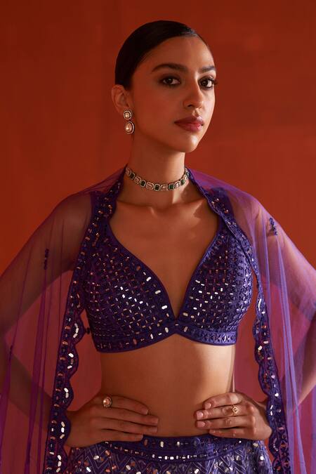 Shop_Angad Singh_Purple Silk, Net, Crepe Mirrors, Embroidery Sweetheart Neck Bridal Lehenga Set _Online_at_Aza_Fashions