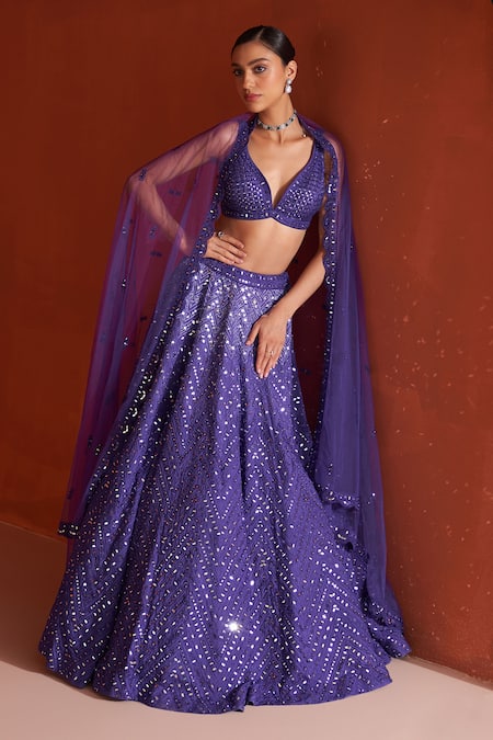 Angad Singh_Purple Silk, Net, Crepe Mirrors, Embroidery Sweetheart Neck Bridal Lehenga Set _at_Aza_Fashions