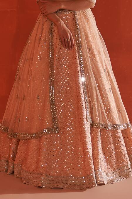 Angad Singh_Peach Silk, Crepe, Net Embroidery, Mirrors, Chevron Pattern Bridal Lehenga Set _Online_at_Aza_Fashions