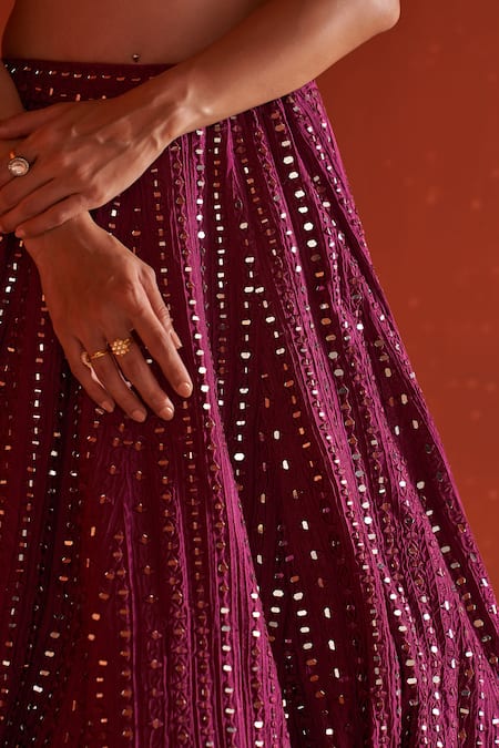 Angad Singh_Wine Silk, Crepe Mirrors, Embroidery Plunge Neck Work Bridal Lehenga Set _Online_at_Aza_Fashions