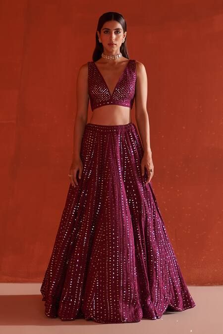 Buy_Angad Singh_Wine Silk, Crepe Mirrors, Embroidery Plunge Neck Work Bridal Lehenga Set _Online_at_Aza_Fashions