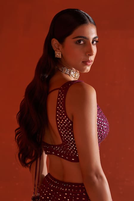 Angad Singh_Wine Silk, Crepe Mirrors, Embroidery Plunge Neck Work Bridal Lehenga Set _at_Aza_Fashions