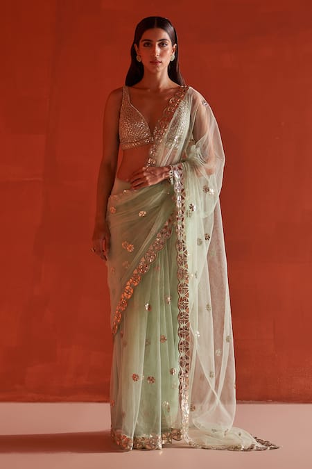 Angad Singh Green Net Embroidery Leather Floral Applique Border Saree With Blouse