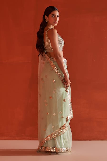 Shop_Angad Singh_Green Net Zari, Mirrors, Applique, Embroidery Leather Border Saree With Blouse _at_Aza_Fashions