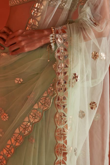Angad Singh_Green Net Zari, Mirrors, Applique, Embroidery Leather Border Saree With Blouse _Online_at_Aza_Fashions