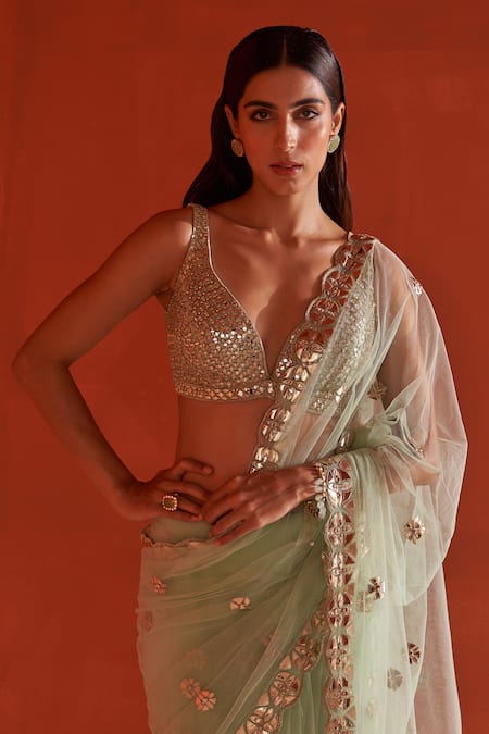 Buy_Angad Singh_Green Net Zari, Mirrors, Applique, Embroidery Leather Border Saree With Blouse _Online_at_Aza_Fashions