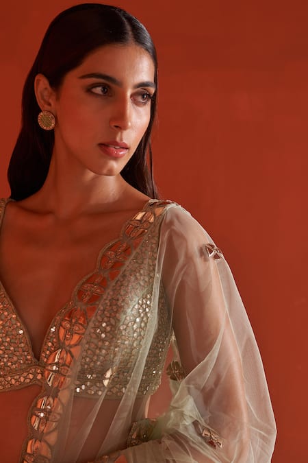 Shop_Angad Singh_Green Net Zari, Mirrors, Applique, Embroidery Leather Border Saree With Blouse _Online_at_Aza_Fashions