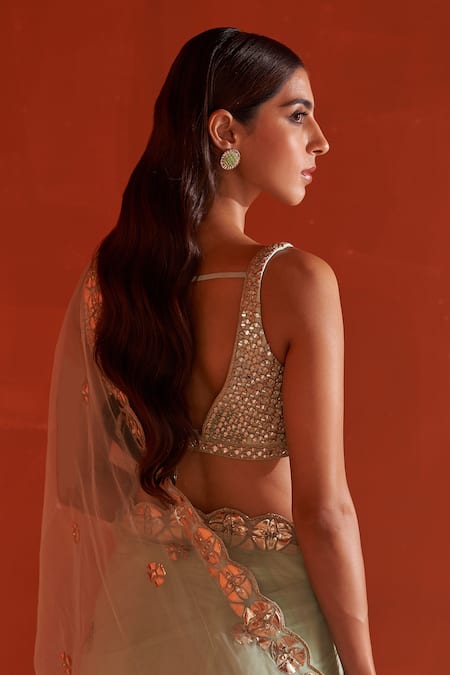 Angad Singh_Green Net Zari, Mirrors, Applique, Embroidery Leather Border Saree With Blouse _at_Aza_Fashions