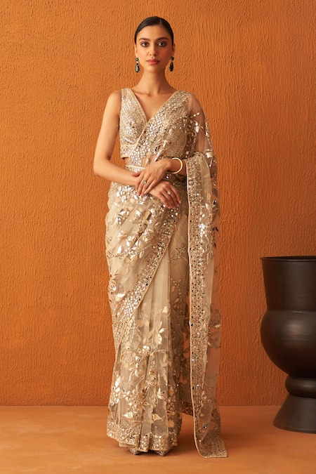 Angad Singh Gold Net Embroidery Leather Floral Applique Mirror Border Saree With Blouse 