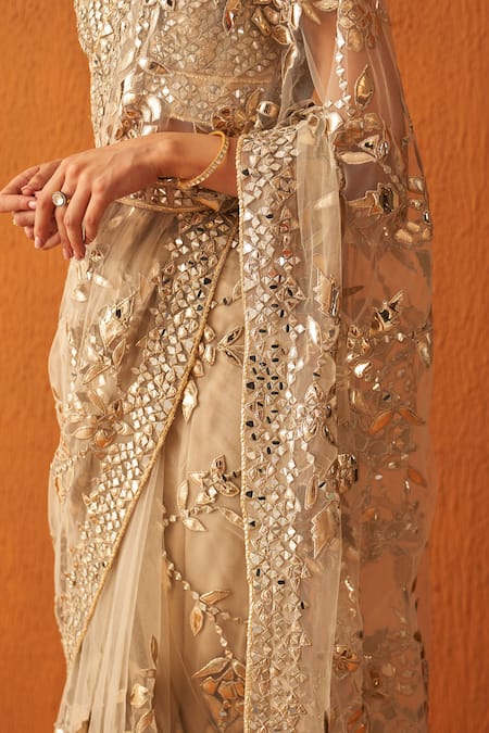 Angad Singh_Gold Net Mirrors, Zari, Applique Plunge Border Embroidered Saree With Blouse _Online_at_Aza_Fashions